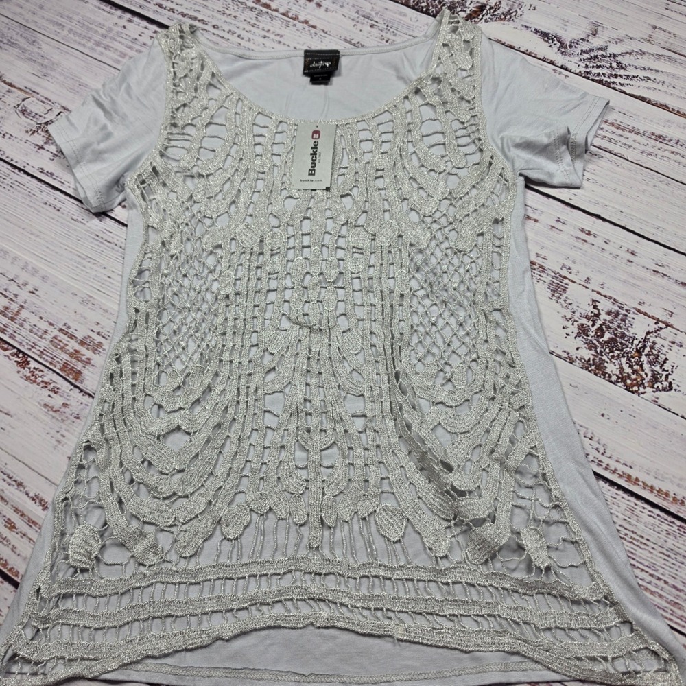 Daytrip Scoop Neck Lace Top Womens Small Grey NWT Silver Crochet Short Sleeve